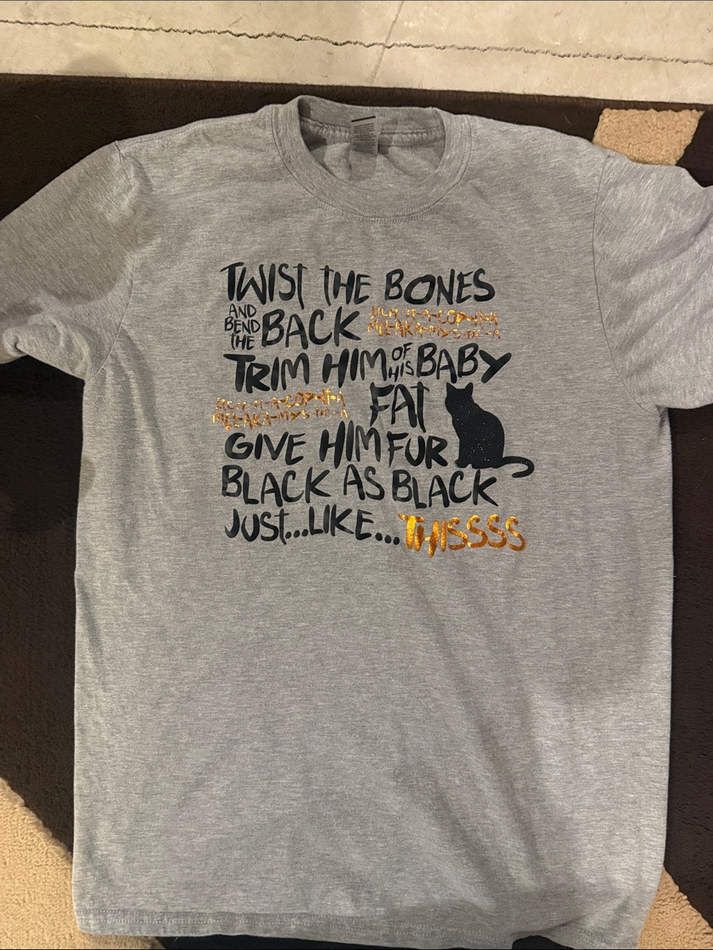 Gray Hocus Pocus Graphic Tee with Black and Gold Print - Unbranded